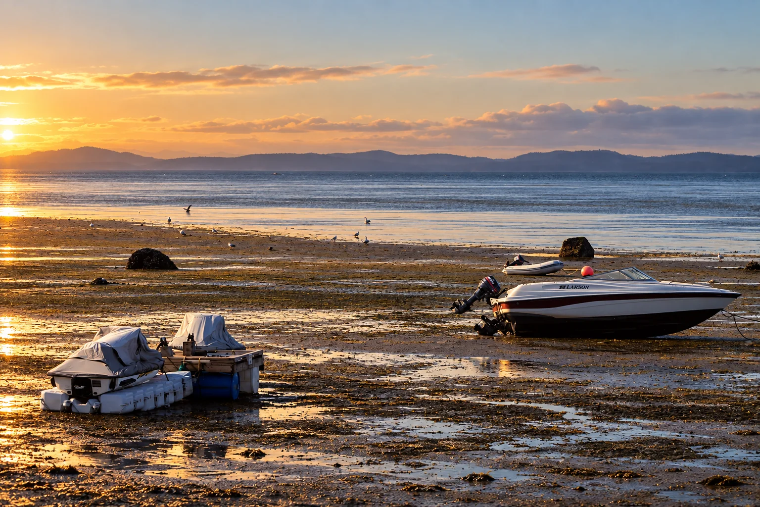 Low-tide shoreline at Tsawwassen Bay with distant islands