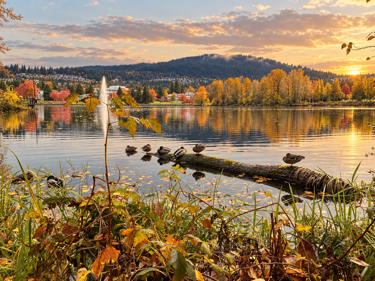 Lafarge Lake at Town Centre Park in Coquitlam with fountain, forested shore, and mountain ridge