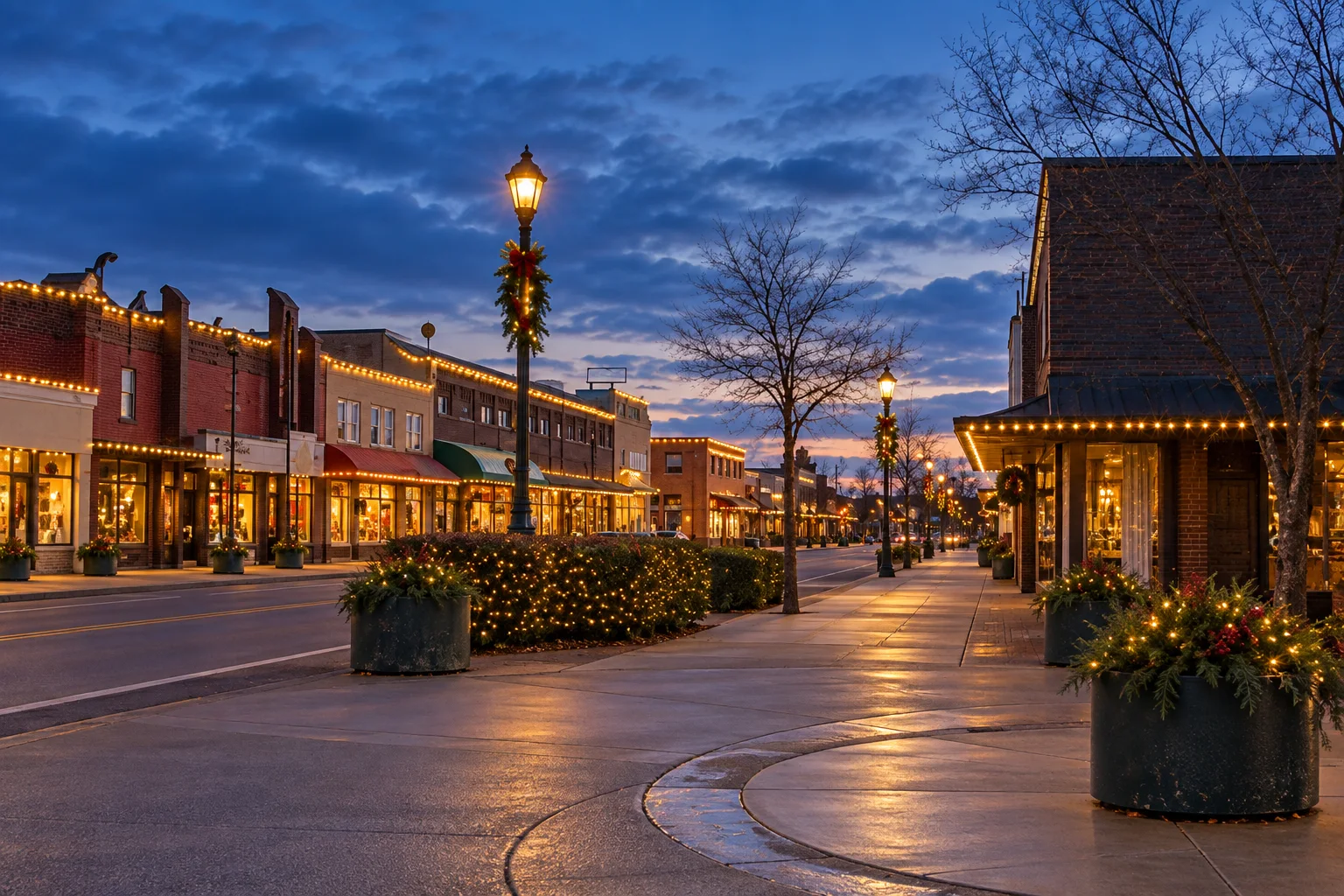 Historic Cloverdale main street with storefronts and sidewalk planters