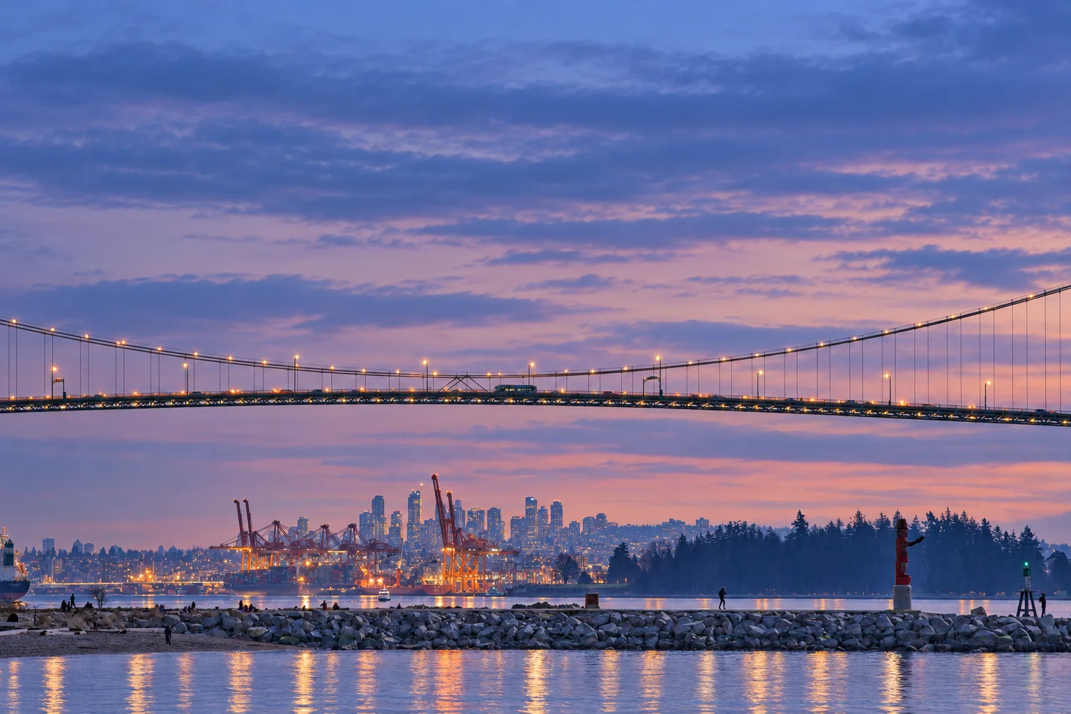 Ambleside Park shoreline with the Lions Gate Bridge and Vancouver skyline across Burrard Inlet