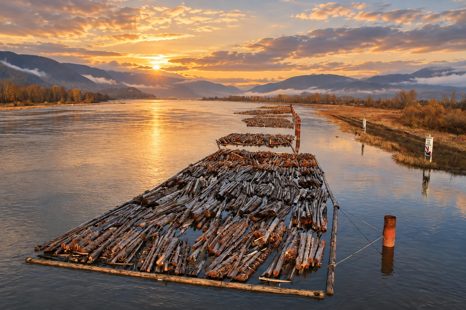 Pitt River and floating log booms viewed from the Lougheed Highway bridge near Port Coquitlam