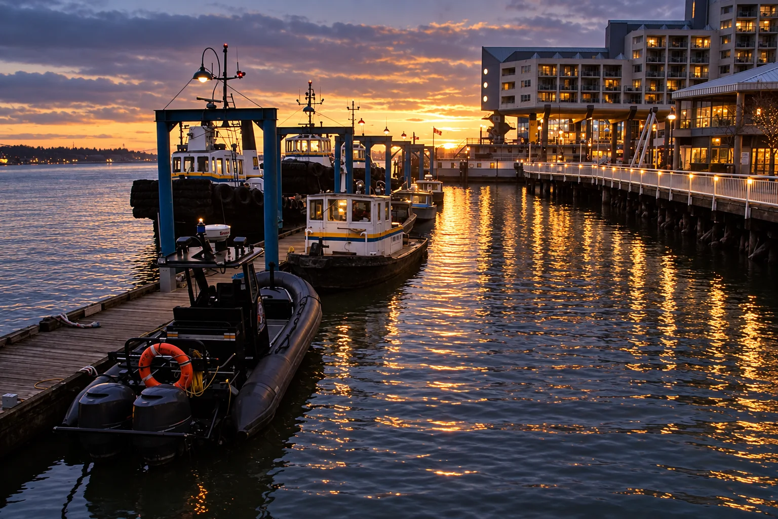 Dock and Fraser River waterfront at Westminster Quay in New Westminster